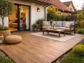 Modern terraza con sofás y mesa de centro sobre suelos para jardín sin obra. Ambiente acogedor con luces y vegetación.