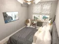 Acogedora habitación pequeña con cama, TV en la pared y ventana con vistas a la ciudad.