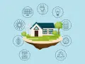 Casa con molino eólico y solar, rodeada de iconos que ilustran los pros y contras de las energías renovables: sol, hoja, barril, reciclaje, rayo, batería, bombilla y enchufe.