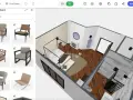Interfaz de diseño de interiores gratis. Muestra un dormitorio 3D y una selección de sillones.