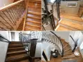 Varias escaleras de interior de obra, con barandillas de madera y metal, y escalones de madera rústica.