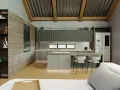 Cocinas modernas con tonos verdes y madera, un diseño elegante y funcional.