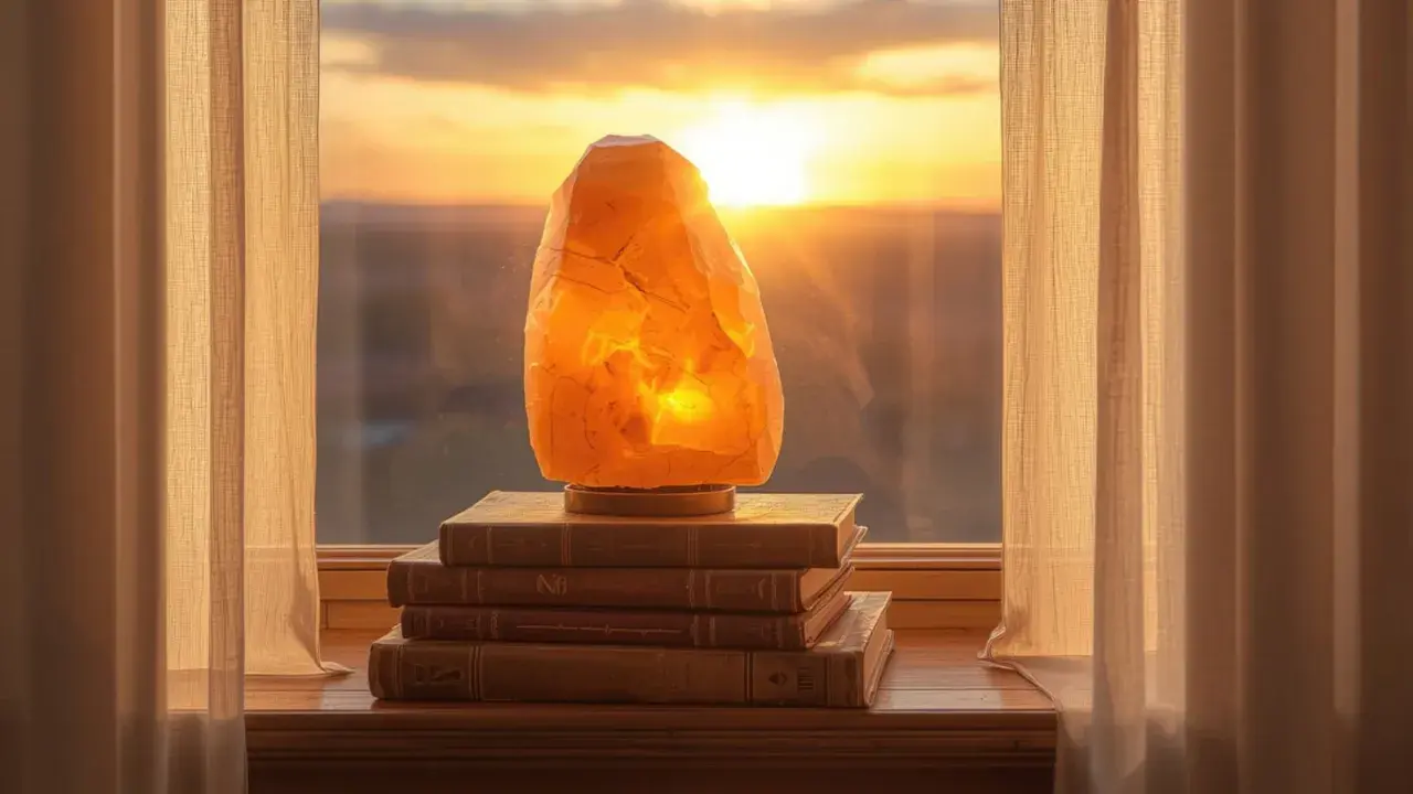 Una lámpara de sal ilumina una pila de libros junto a una ventana al atardecer.