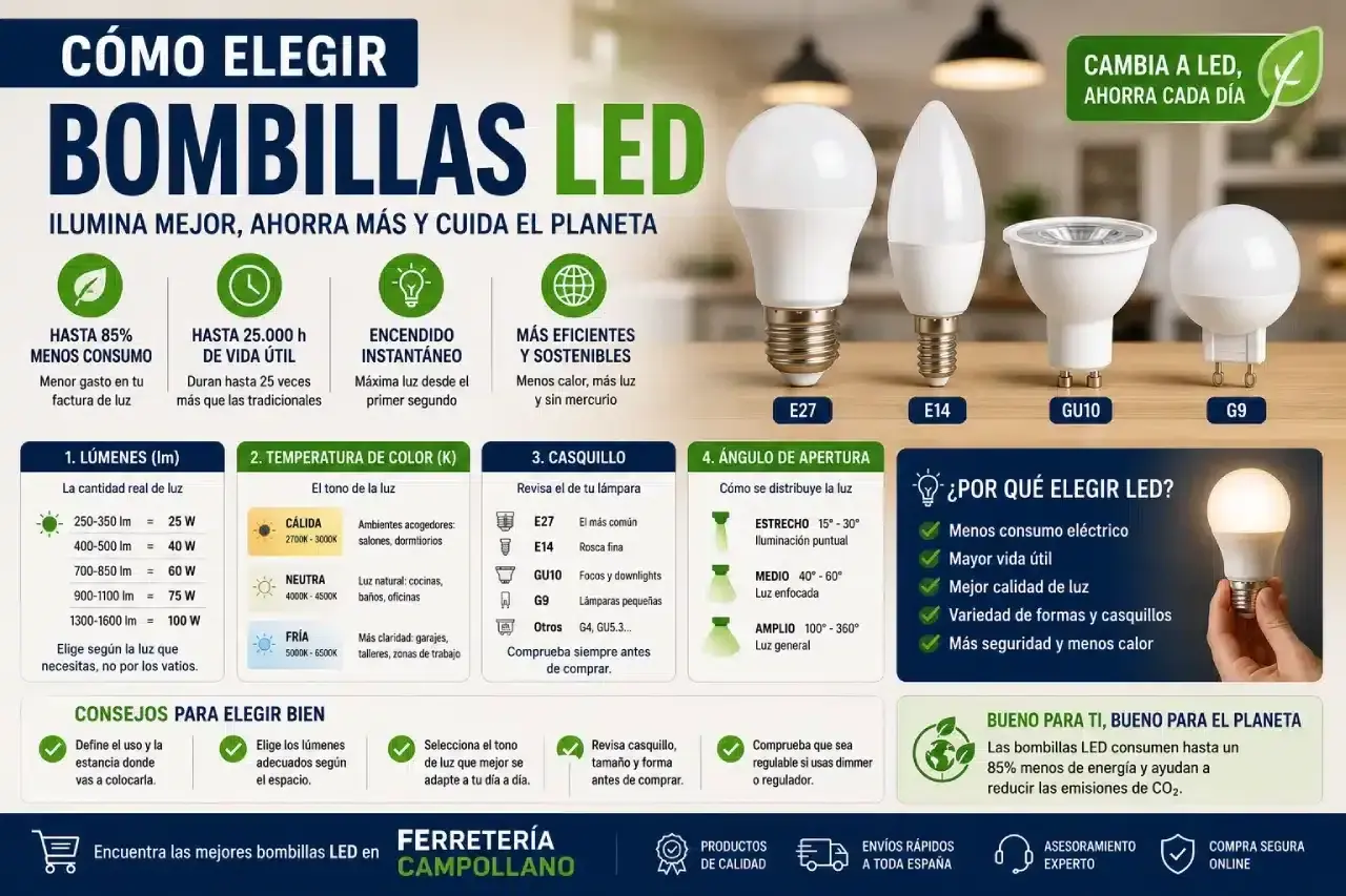Guía para elegir tipos de bombillas LED: lúmenes, temperatura de color, casquillo y ángulo de apertura. Ahorra energía y cuida el planeta.