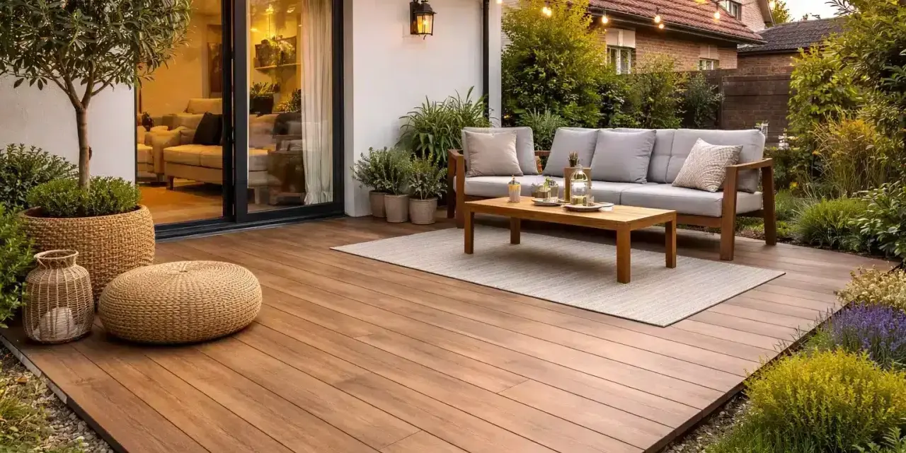 Modern terraza con sofás y mesa de centro sobre suelos para jardín sin obra. Ambiente acogedor con luces y vegetación.