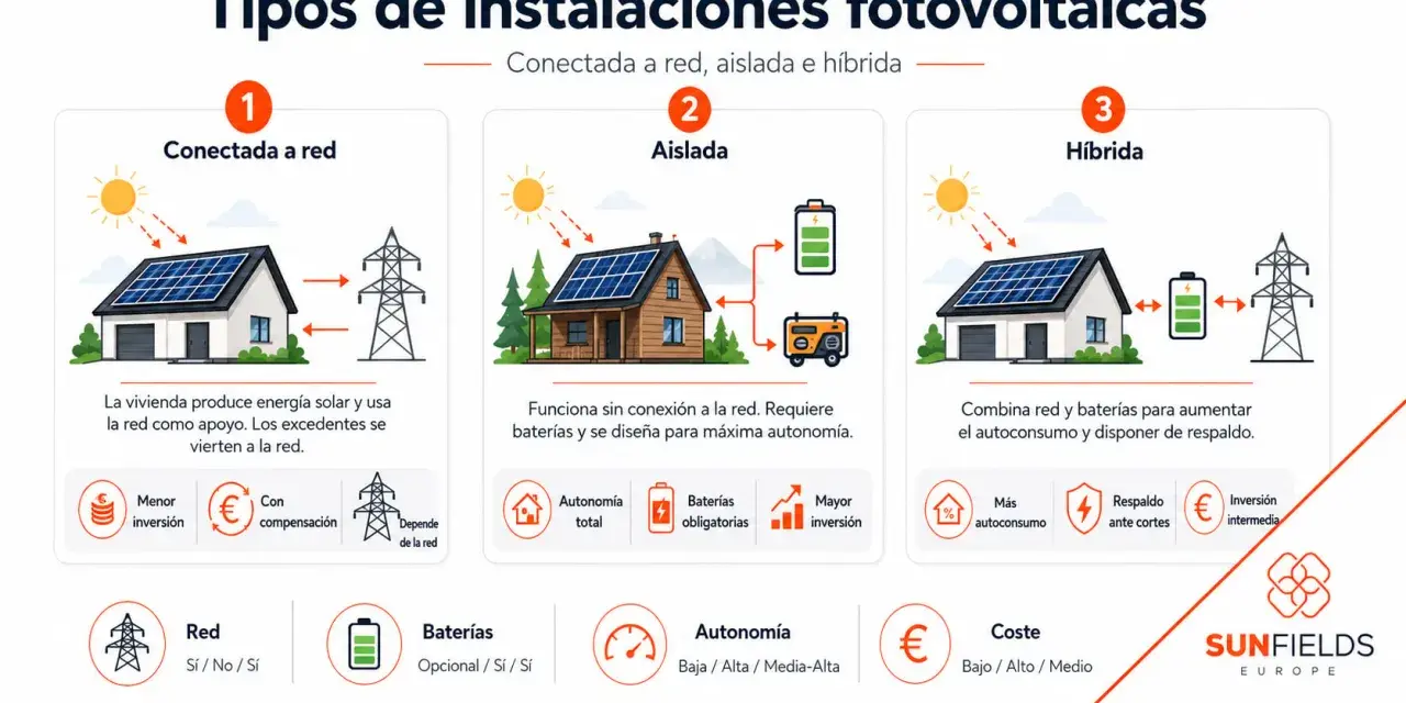 Tipos de autoconsumo fotovoltaico: Conectada a red, aislada e híbrida. Cada una con sus características y beneficios.