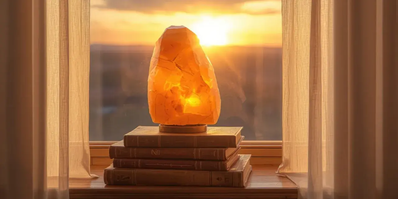 Una lámpara de sal ilumina una pila de libros junto a una ventana al atardecer.