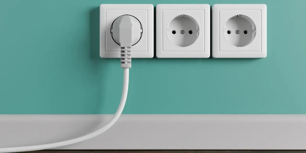 Tres enchufes blancos en una pared turquesa, uno con un enchufe gris conectado. La altura de los enchufes en la cocina es estándar.