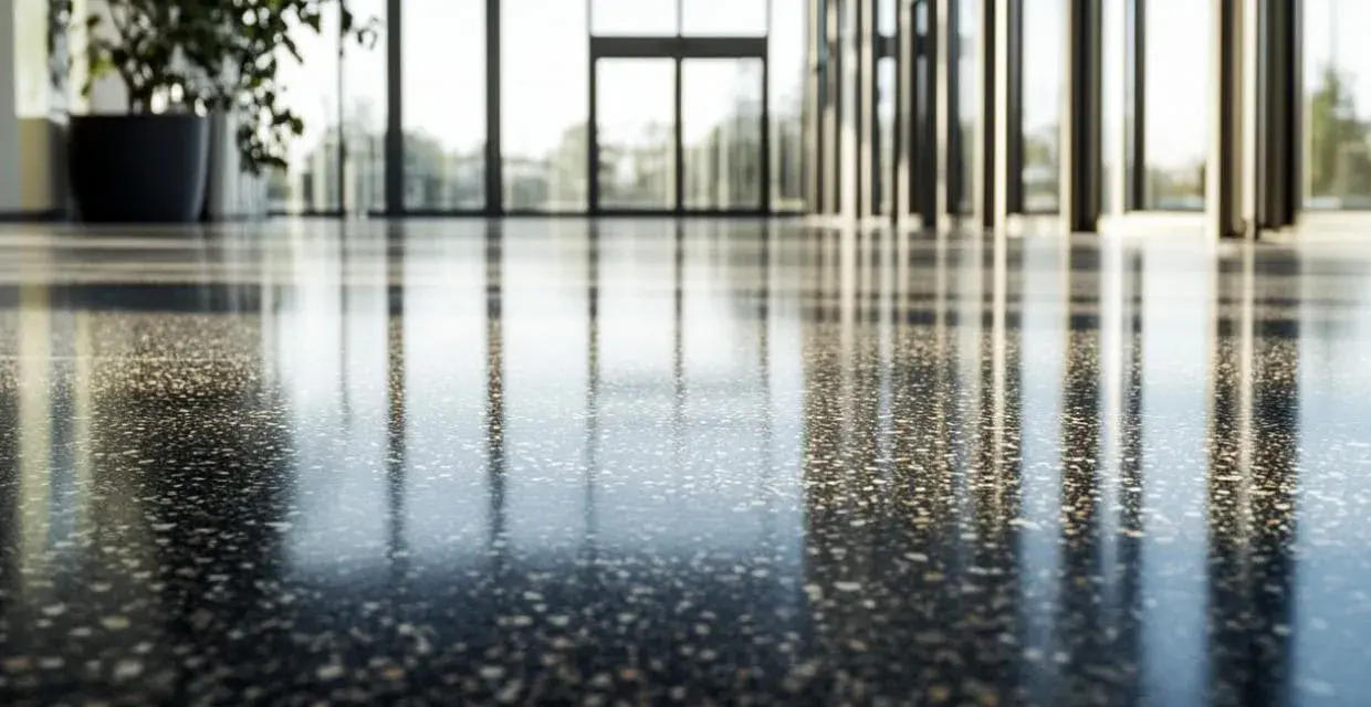 Reflejos en un suelo de terrazo pulido, ideal para modernizar espacios con un toque elegante y duradero.