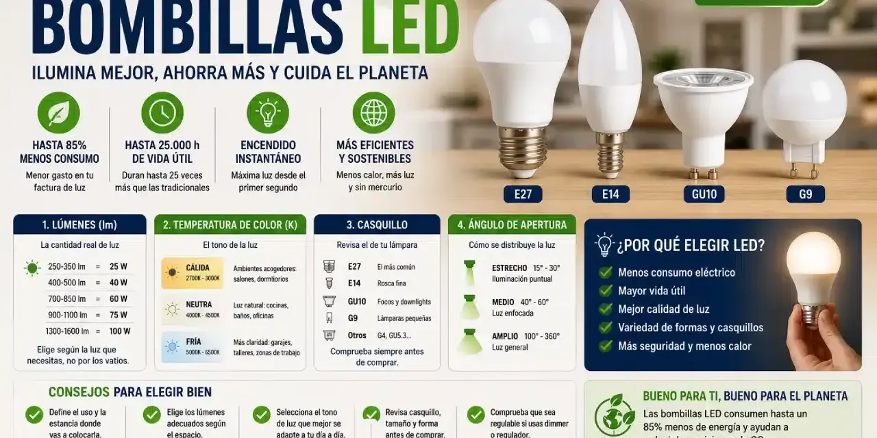 Guía para elegir tipos de bombillas LED: lúmenes, temperatura de color, casquillo y ángulo de apertura. Ahorra energía y cuida el planeta.
