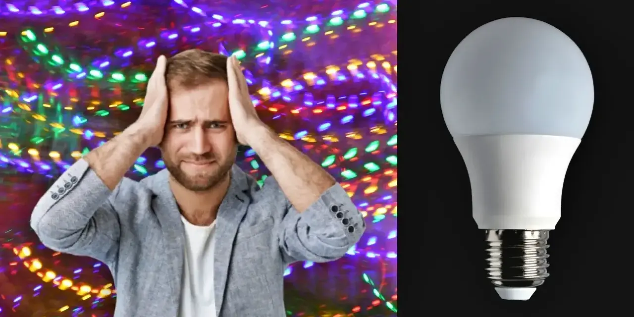 Hombre agobiado por luces de colores, mientras una bombilla LED se muestra. ¿Será que las luces led gastan mucha luz?