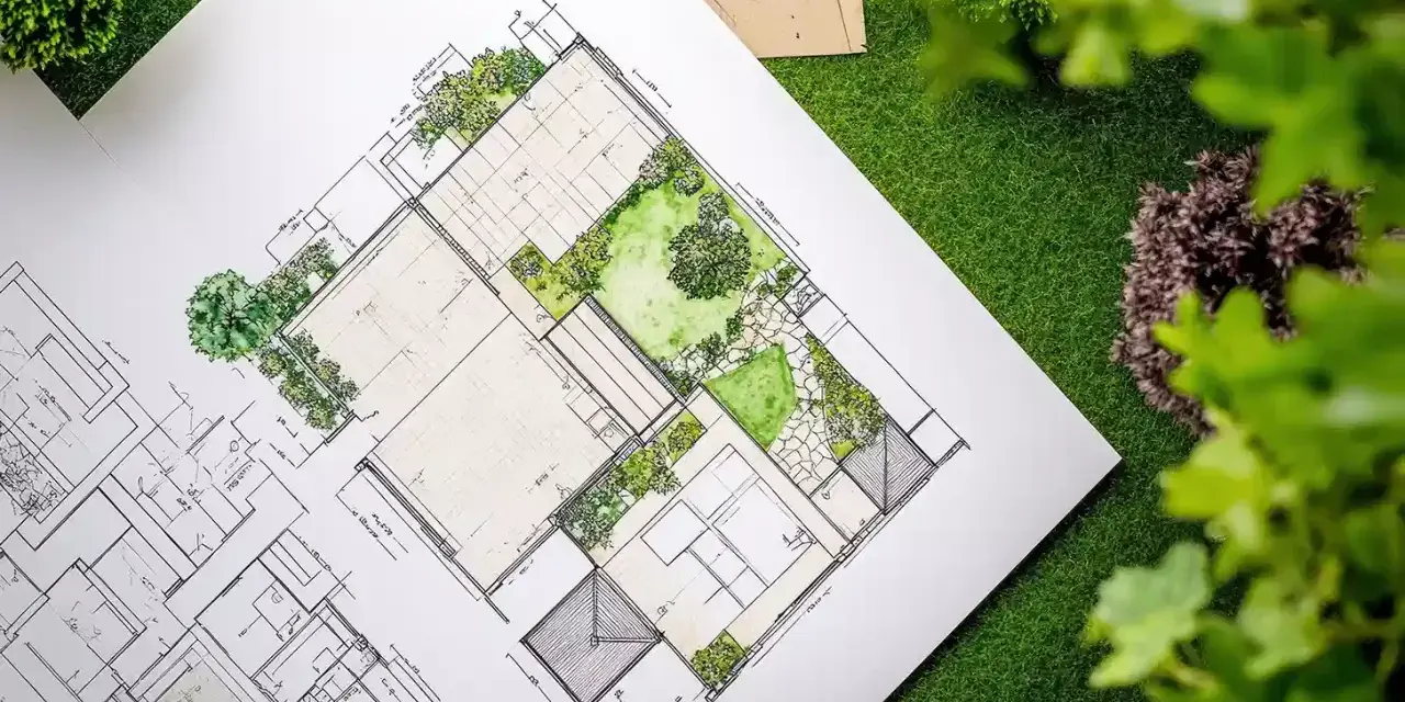 Plano detallado de paisajistas de jardines, con áreas verdes, caminos y estructuras, sobre césped artificial.