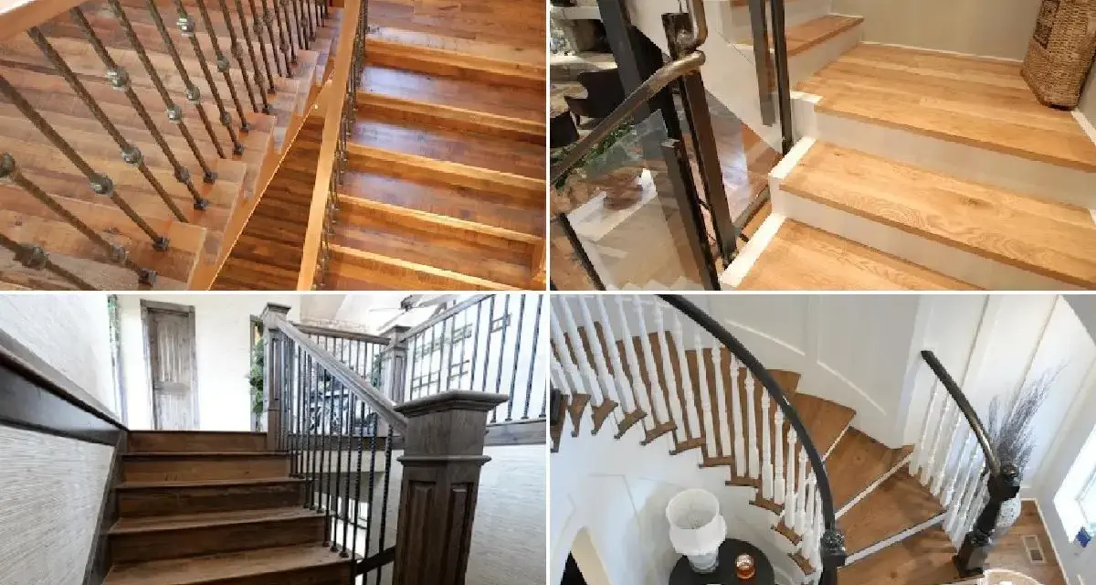 Varias escaleras de interior de obra, con barandillas de madera y metal, y escalones de madera rústica.