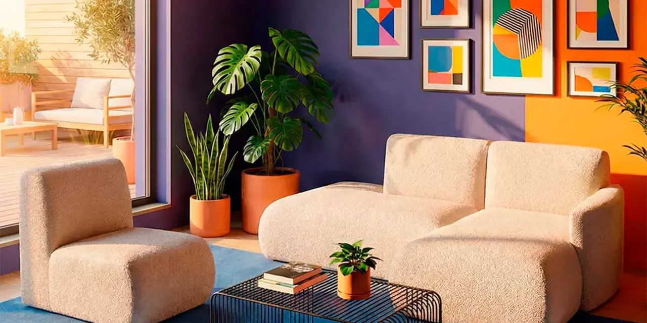 Sofá y sillón de peluche color crema, plantas exuberantes y arte abstracto vibrante en las paredes, evocando un estilo moderno con toques de **art déco**.