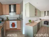 Cocina antes y después: un cambio radical. Muebles de madera a verdes pastel, encimeras y electrodomésticos renovados. ¡Un antes y después que inspira a tunear cocinas!