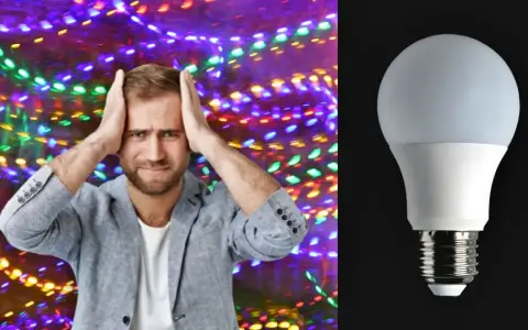 Hombre agobiado por luces de colores, mientras una bombilla LED se muestra. ¿Será que las luces led gastan mucha luz?