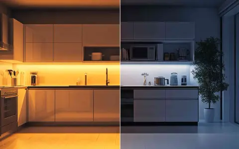 Cocina dividida: izquierda con luz cálida (2700 kelvin), derecha con luz fría (6500 kelvin).