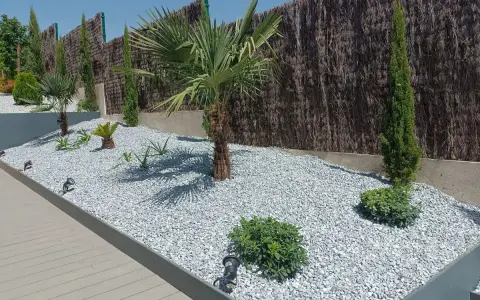 Jardines con piedras blancas y plantas exóticas, como palmeras y cipreses, crean un oasis moderno.