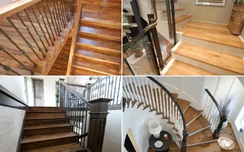 Varias escaleras de interior de obra, con barandillas de madera y metal, y escalones de madera rústica.