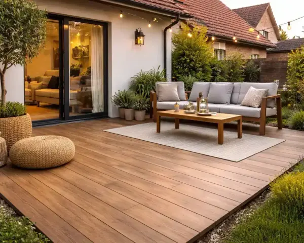 Modern terraza con sofás y mesa de centro sobre suelos para jardín sin obra. Ambiente acogedor con luces y vegetación.