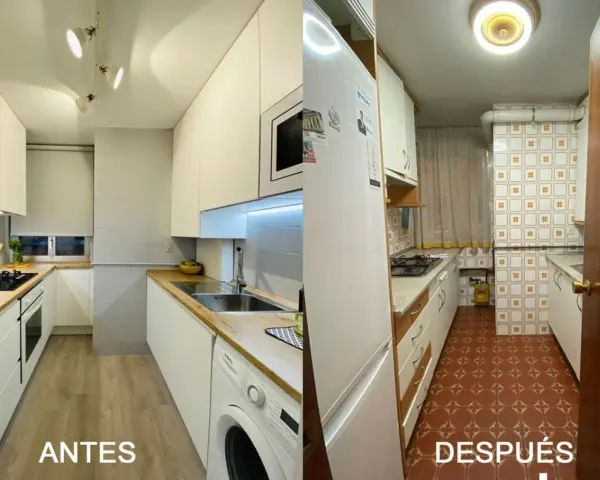 Cocina renovada: antes con azulejos anticuados, después con un diseño moderno y minimalista. ¡Descubre las últimas tendencias en azulejos para cocinas!