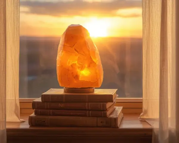 Una lámpara de sal ilumina una pila de libros junto a una ventana al atardecer.