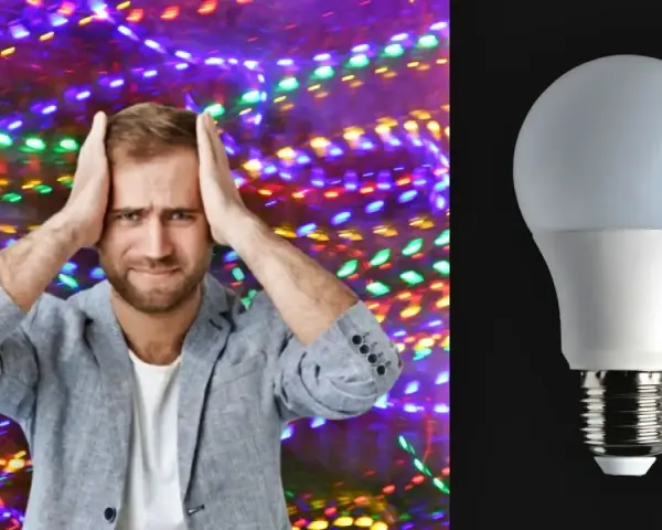 Hombre agobiado por luces de colores, mientras una bombilla LED se muestra. ¿Será que las luces led gastan mucha luz?