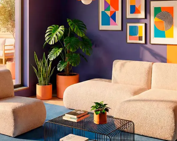 Sofá y sillón de peluche color crema, plantas exuberantes y arte abstracto vibrante en las paredes, evocando un estilo moderno con toques de **art déco**.