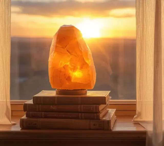 Una lámpara de sal ilumina una pila de libros junto a una ventana al atardecer.