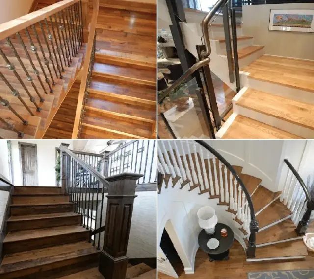 Varias escaleras de interior de obra, con barandillas de madera y metal, y escalones de madera rústica.