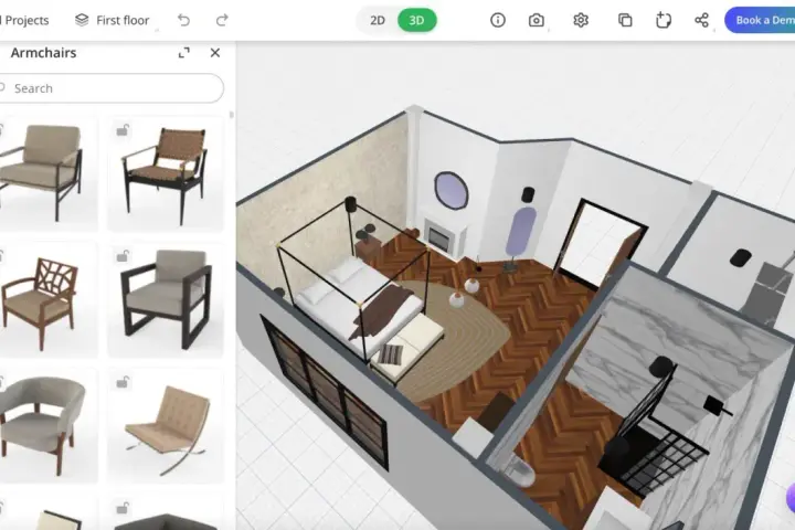 Interfaz de diseño de interiores gratis. Muestra un dormitorio 3D y una selección de sillones.