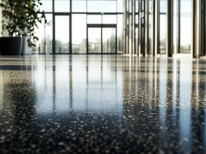 Reflejos en un suelo de terrazo pulido, ideal para modernizar espacios con un toque elegante y duradero.