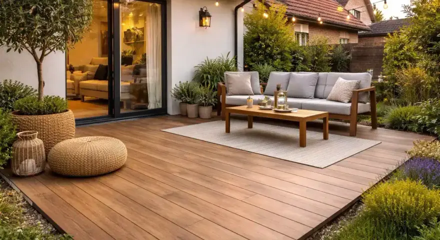 Modern terraza con sofás y mesa de centro sobre suelos para jardín sin obra. Ambiente acogedor con luces y vegetación.