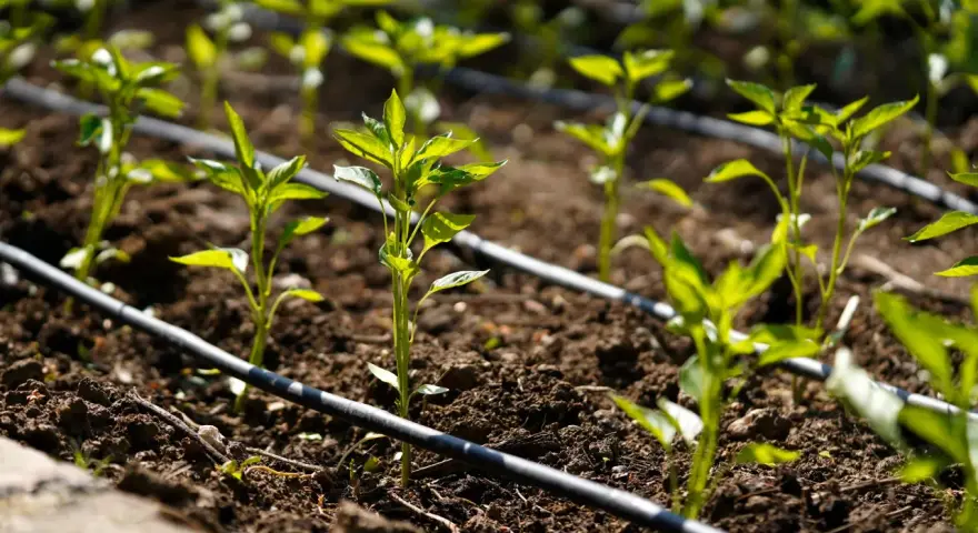 Jóvenes plantas de pimiento en un huerto con un esquema de riego por goteo.
