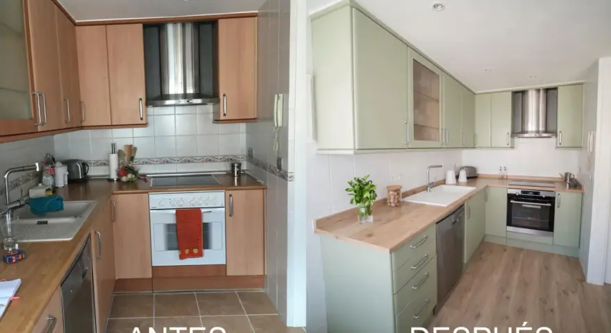 Cocina antes y después: un cambio radical. Muebles de madera a verdes pastel, encimeras y electrodomésticos renovados. ¡Un antes y después que inspira a tunear cocinas!