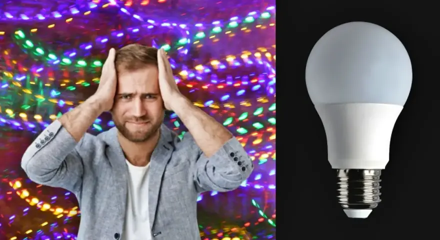 Hombre agobiado por luces de colores, mientras una bombilla LED se muestra. ¿Será que las luces led gastan mucha luz?