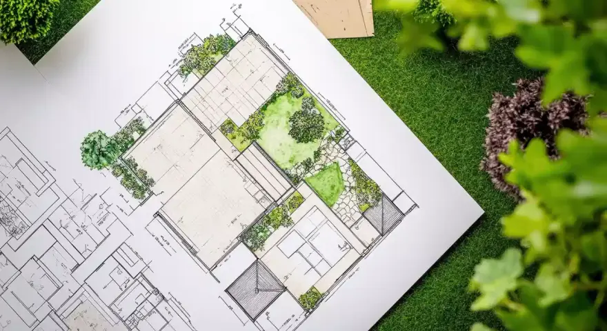 Plano detallado de paisajistas de jardines, con áreas verdes, caminos y estructuras, sobre césped artificial.