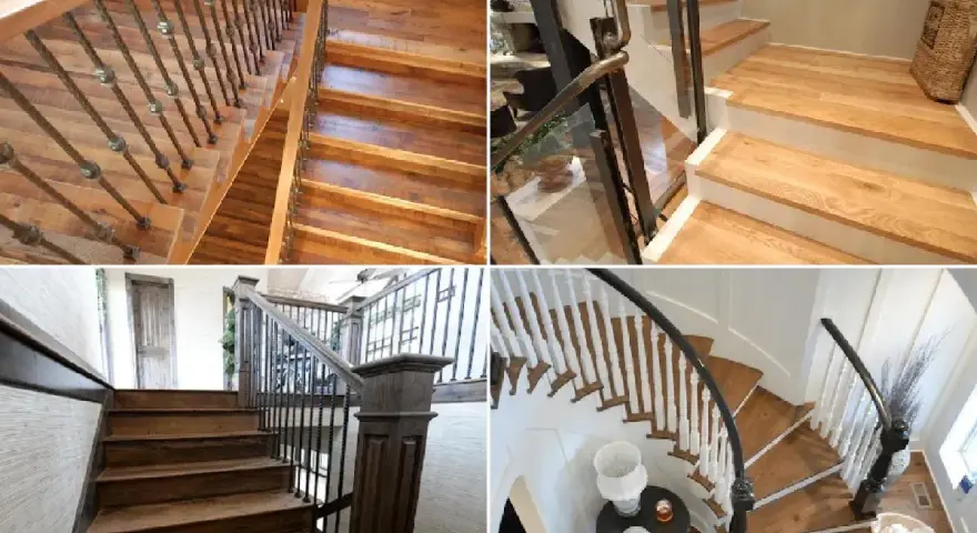 Varias escaleras de interior de obra, con barandillas de madera y metal, y escalones de madera rústica.