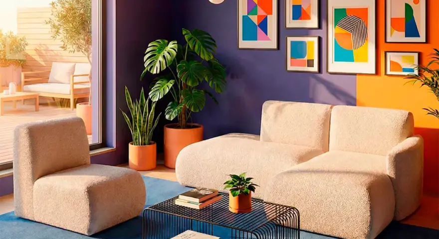 Sofá y sillón de peluche color crema, plantas exuberantes y arte abstracto vibrante en las paredes, evocando un estilo moderno con toques de **art déco**.