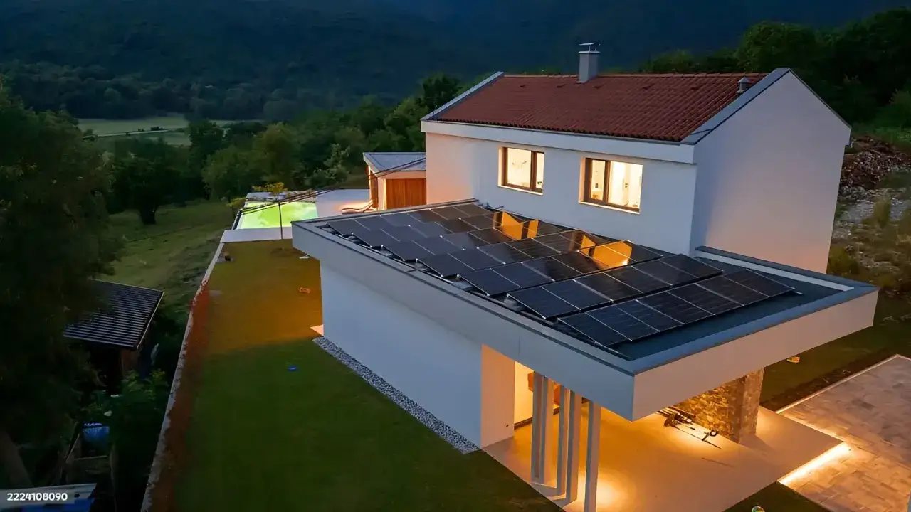 Casa moderna con paneles solares, piscina y vistas a la monta&ntilde;a. Reflexi&oacute;n sobre los pros y contras de las energ&iacute;as renovables.