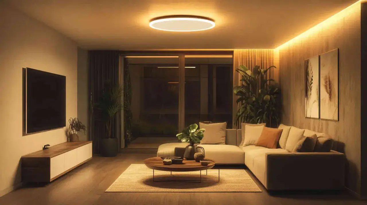 Salón moderno con iluminación indirecta y un foco circular en el techo. Diversos tipos de focos para techo realzan la decoración.