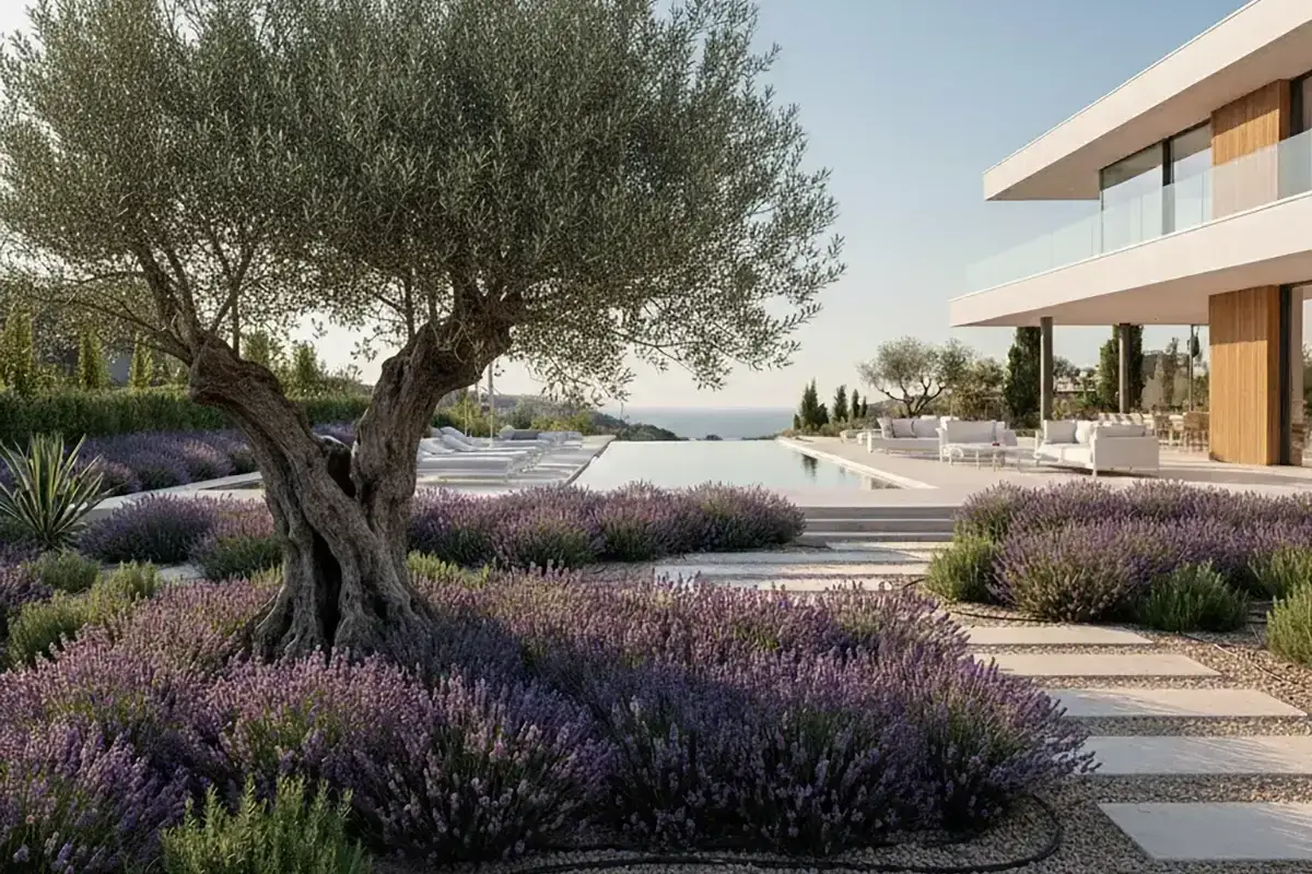 Un jardín poco mantenimiento con lavanda floreciente, un olivo centenario y una piscina infinita con vistas al mar.