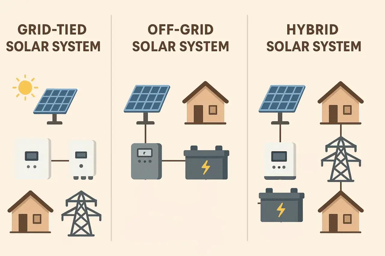 Ilustración de los tipos de autoconsumo fotovoltaico: conectado a red, aislado y híbrido, mostrando paneles solares, inversores, baterías y conexión a la red eléctrica.