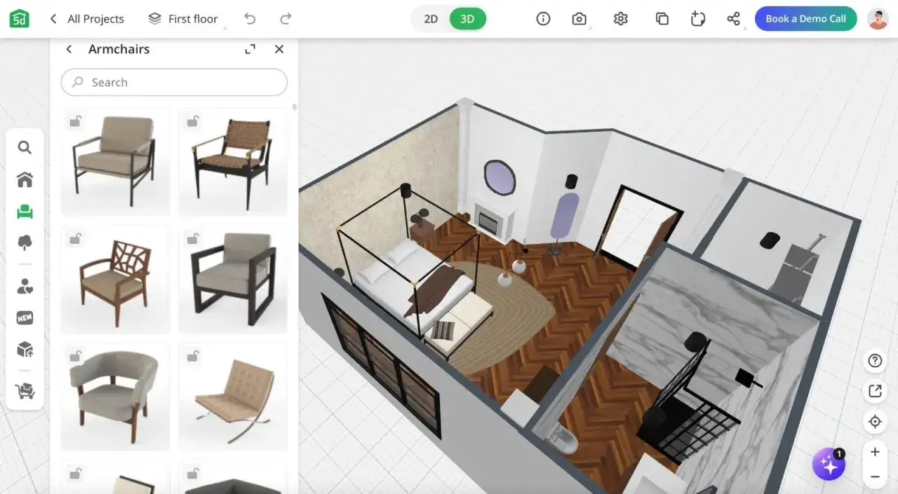 Dise&ntilde;o de interiores gratis: visualiza tu habitaci&oacute;n con muebles 3D. Elige entre sillones y m&aacute;s para crear tu espacio ideal.