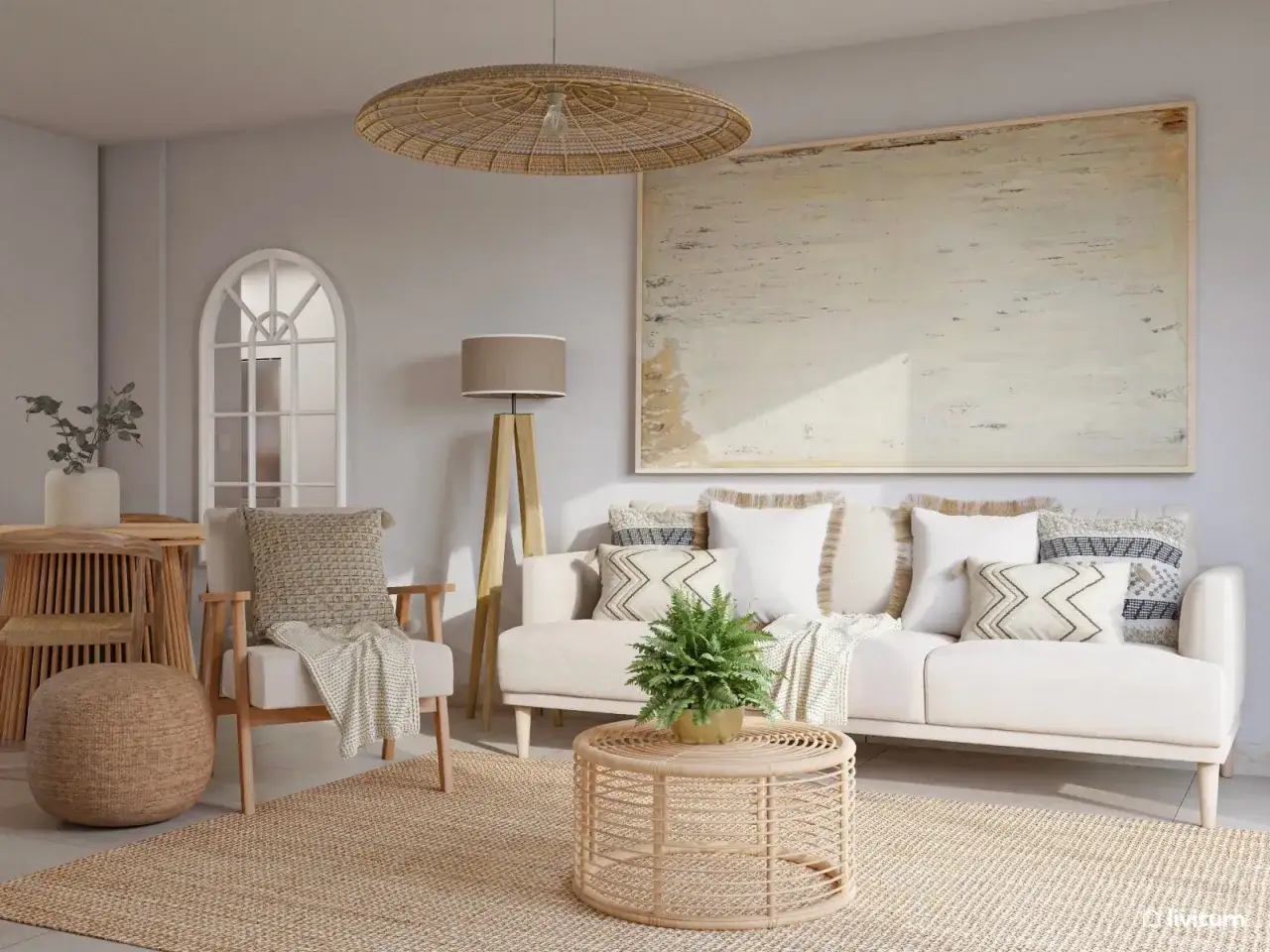 Acogedor sal&oacute;n n&oacute;rdico r&uacute;stico con sof&aacute; blanco, sill&oacute;n de madera, mesa de centro de rat&aacute;n y alfombra de yute.