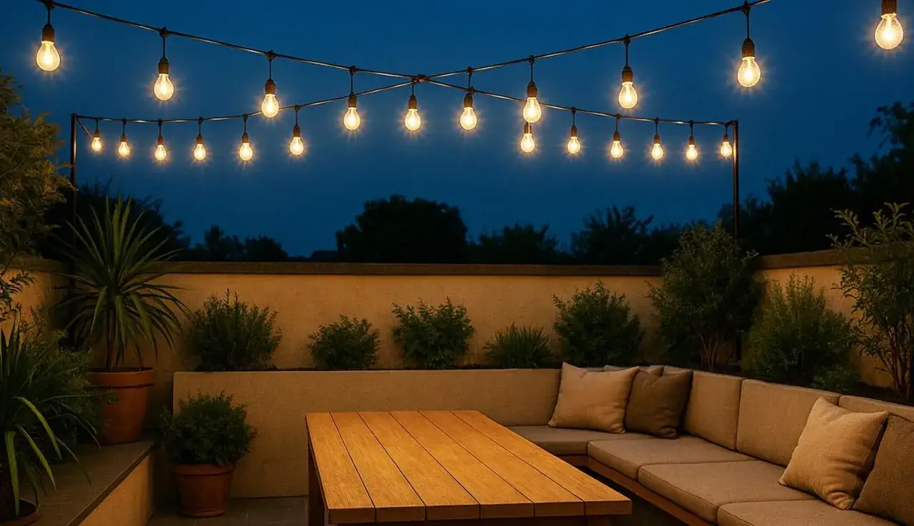 Luces c&aacute;lidas iluminan un patio exterior con muebles c&oacute;modos y plantas, perfectas para decorar pared patio exterior y crear un ambiente acogedor.