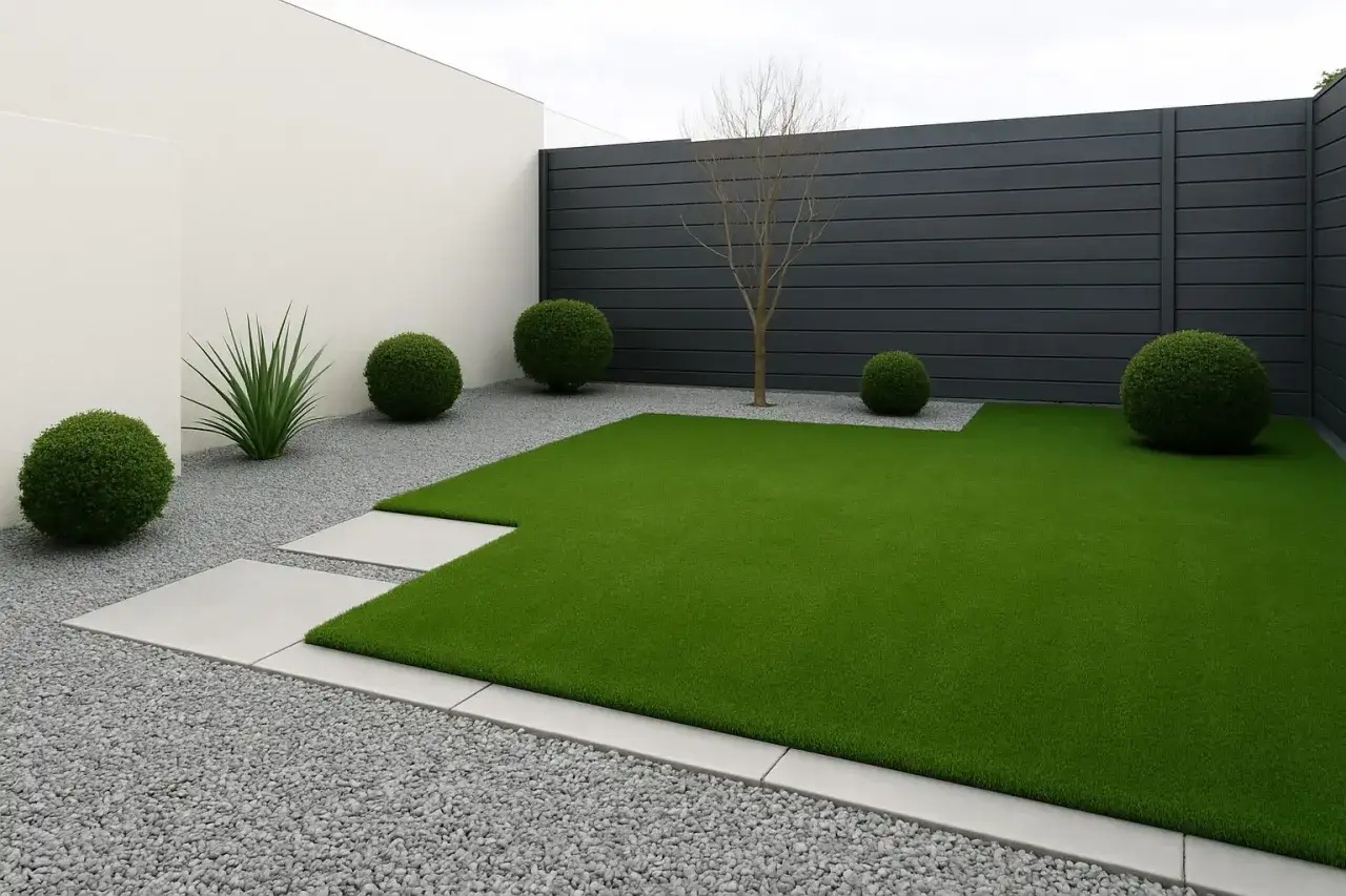 Jardines modernos con césped artificial, arbustos esféricos y senderos de piedra. Un árbol desnudo se alza sobre el lecho de grava.