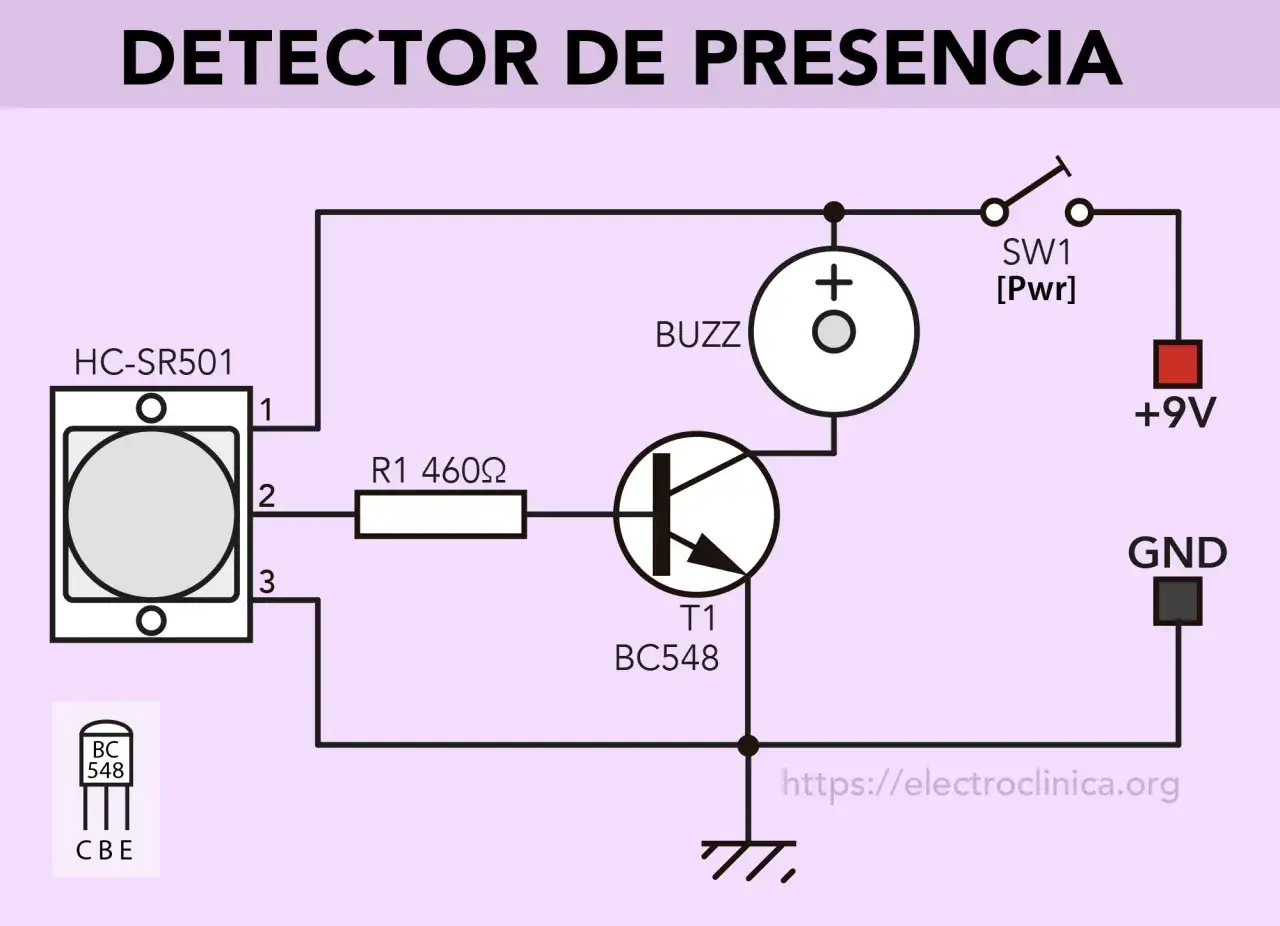 Esquema de detector de presencia con sensor HC-SR501, transistor BC548, resistencia y zumbador.