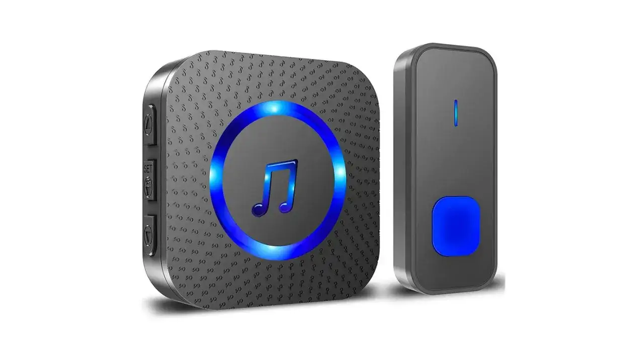 Dos tipos de timbre: uno receptor con nota musical y luz azul, y un transmisor con botón azul.