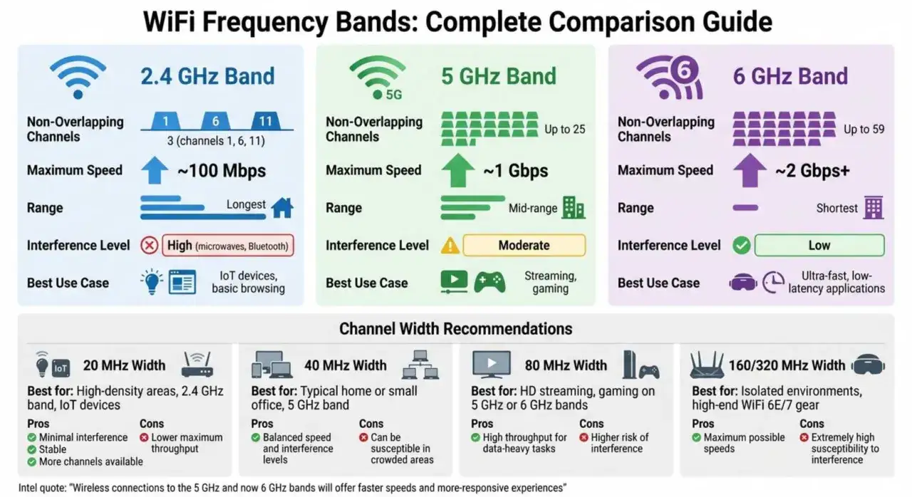 Guía compara bandas WiFi: 2.4 GHz (larga distancia, IoT), 5 GHz (streaming, juegos) y 6 GHz (ultra-rápido). Aprende como saber que WiFi tengo.